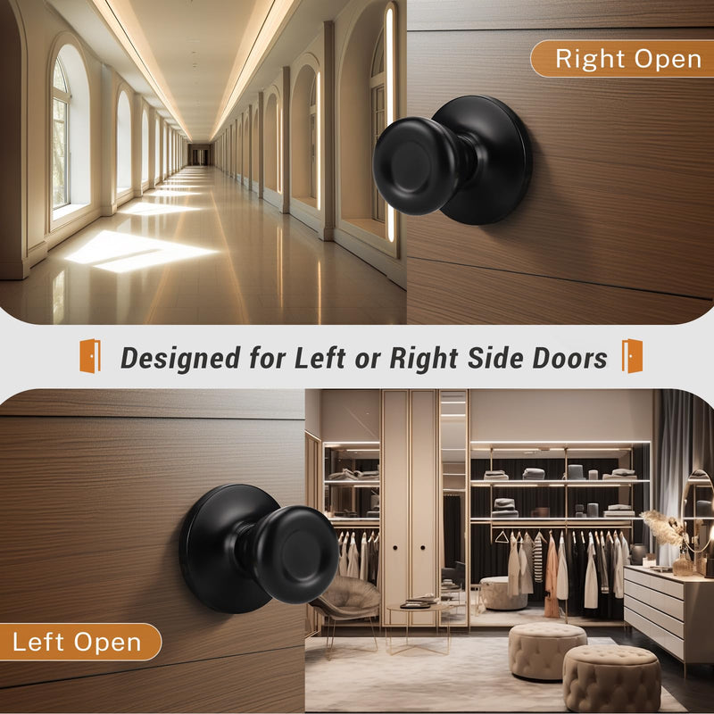KNOBWELL 2 Pack Passage Door Knobs Interior Black Door Knob for Hall and Closet, No Locking Keyless Tulip Round Door Knobs, Matte Black Interior Door Knob Passage Door Knob(No Lock)