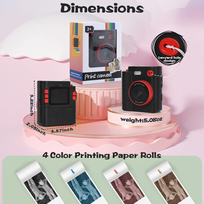 Kids Camera Instant Print, 1080P HD Dual-Lens Selfie Digital Camera with 5 Printing Paper Rolls & 32G TF Card, for Children, Portable Toddler Toy for Age 3-12 Boys & Girls (Black) Black