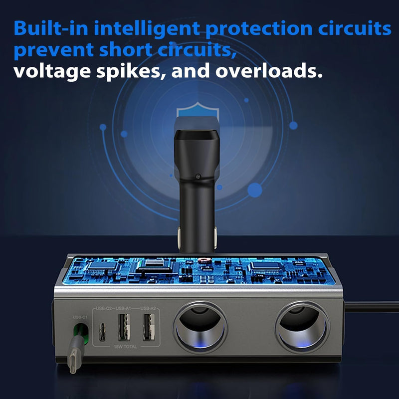 6-in-1 Cigarette Lighter Splitter, 65W PD Fast Charging, 120W Total Output, Two 12V Sockets, Retractable USB-C Cable, Battery Monitor, Trickle Charge, 1M Extension Cable for Front & Rear Charging