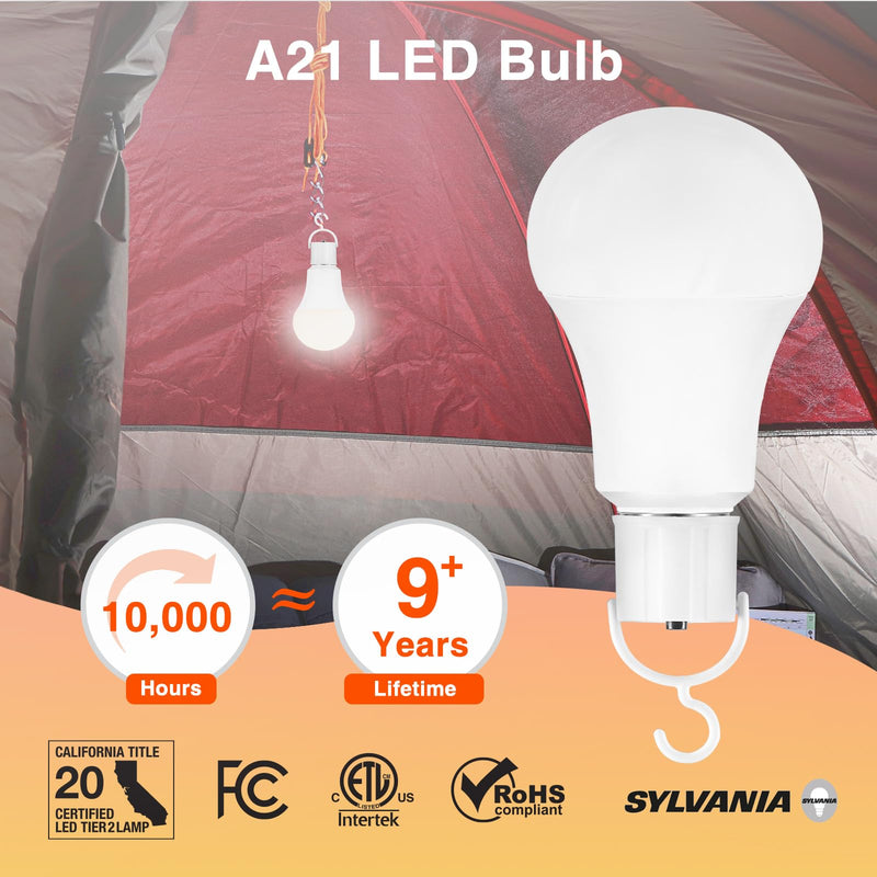 SYLVANIA LED Rechargeable Light Bulbs, A21 Battery Operated Light Bulb, 60W = 7.3W, Indoor/Outdoor Emergency Light Bulbs, 800 LMS, 3000K, Soft White, Hanging Accessories Included - 4 Pack (42687) 3000K Neutral White