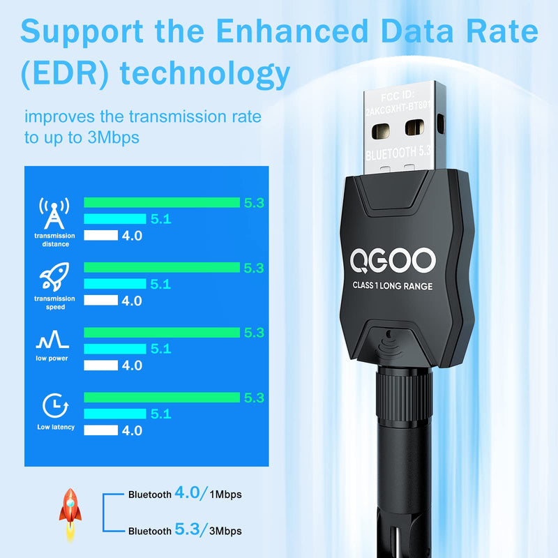 USB Bluetooth Adapter 5.3 for Desktop PC, Real Plug & Play Long Range Class 1 EDR Bluetooth Dongle Receiver 328FT/100M for Laptop Computer Connect Speaker Keyboard Headphones Support Windows 11/10/8.1 BT5.3 black