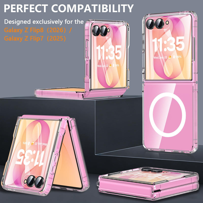 Hensinple for Samsung Galaxy Z Flip 8 Case,Magnetic Z Flip 7 Case with Built-in Screen Protector,Anti Yellowing Shockproof Rugged Slim Phone Cover for Samsung Galaxy Z Flip 7/8,Crystal Clear Samsung Z Flip 7/8-Clear Samsung Z Flip 7 / Z Flip 8