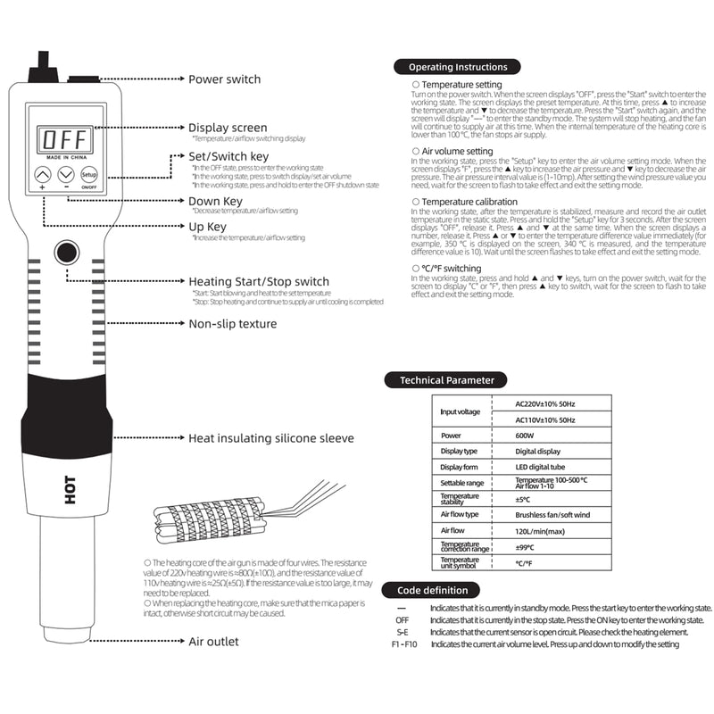 Hot Air Rework Station, 8018 Portable SMD Solder Station Heat Gun Digital Temperature Display with Nozzles Tweezers, °C/°F Conversion
