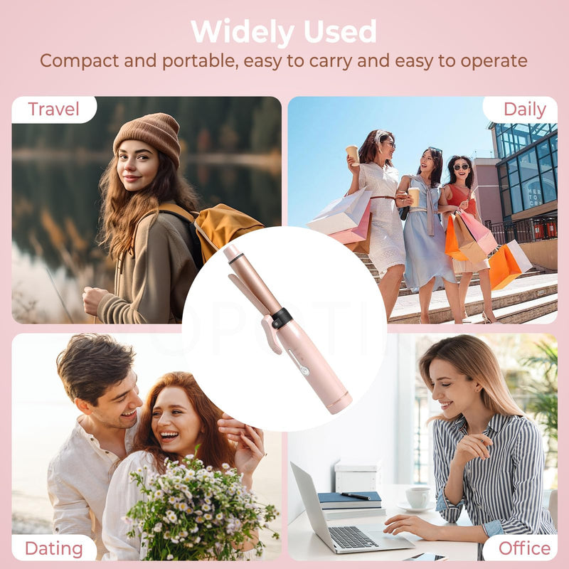  [AUSTRALIA] - Pink Cordless Curling Wand 19mm Ceramic Mini Hair Curler for Travel | polycarbonate exterior fast heat up rechargeable power dual thermal modes female daily styling compact handbag size items