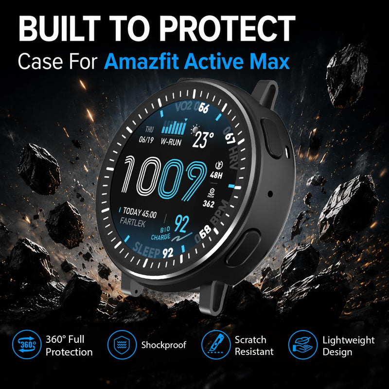 Metal Case for Amazfit Active Max 1.5" Smart Watch with Back Cover, 2 in 1 | Military-Grade | Rugged | Shockproof Hard PC Bumper Protective Cover Fashion Sports Design for Active Max (Black) Black