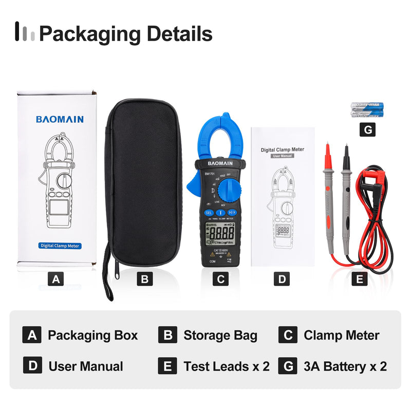 Baomain Digital Clamp Meter 4000 Counts Multimeter, Measures AC Current (4A/40A/600A), AC/DC Voltage,Resistance,Diode,Continuity, with NCV,Live Wire Test,BM1701 4000 Counts (4A/40A/600A)