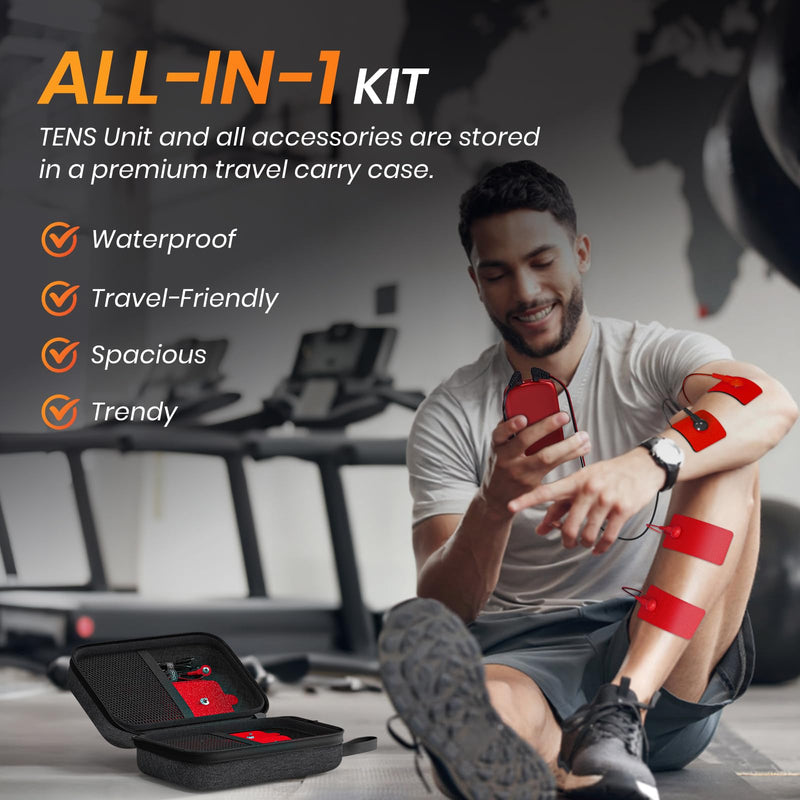 AVCOO 3-in-1 TENS Unit Muscle Stimulator, EMS Massager Machine with 24 Modes & 40 Levels for Shoulder, Back, Neck, Sciatica Pain Relief, Portable-Size Electronic Pulse Massager with 12 Pads, EVA Case A Red