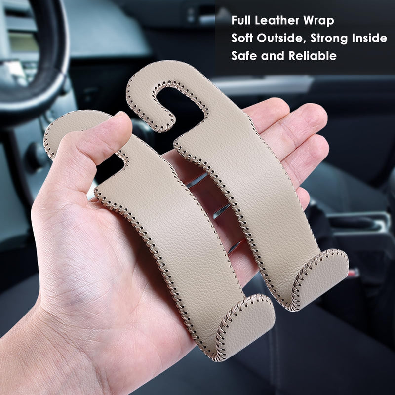 Leather Car Hooks for Headrest - Fully Leather-Wrapped U-Shaped Purse Holder for Car, Flexible Seat Back Organizer & Durable Car Accessories for Purses, Bags, Coats & More (Beige, 2 Pack) Beige