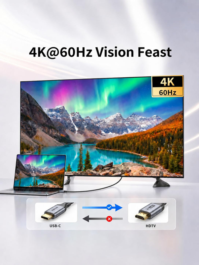 USB C to HDTV Cable 6FT, 4K 60Hz Cord for iPhone 17/16/15 and MacBook Pro | Compatible with Thunderbolt 5/4/3, MacBook Pro/Air, iPad Pro, Galaxy, TV, monitor and projector; USB-C video output required. black
