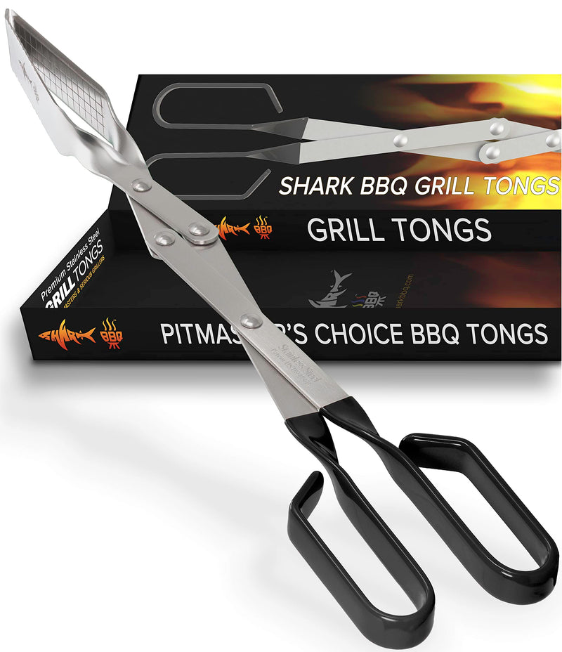 Shark BBQ Grill Tongs - 17 inch Black. Professional kitchen and outdoor grilling utensil. Long reach Barbeque Grilling Tongs. Ideal for steak, fish, burger, and sausage Black Long-reach