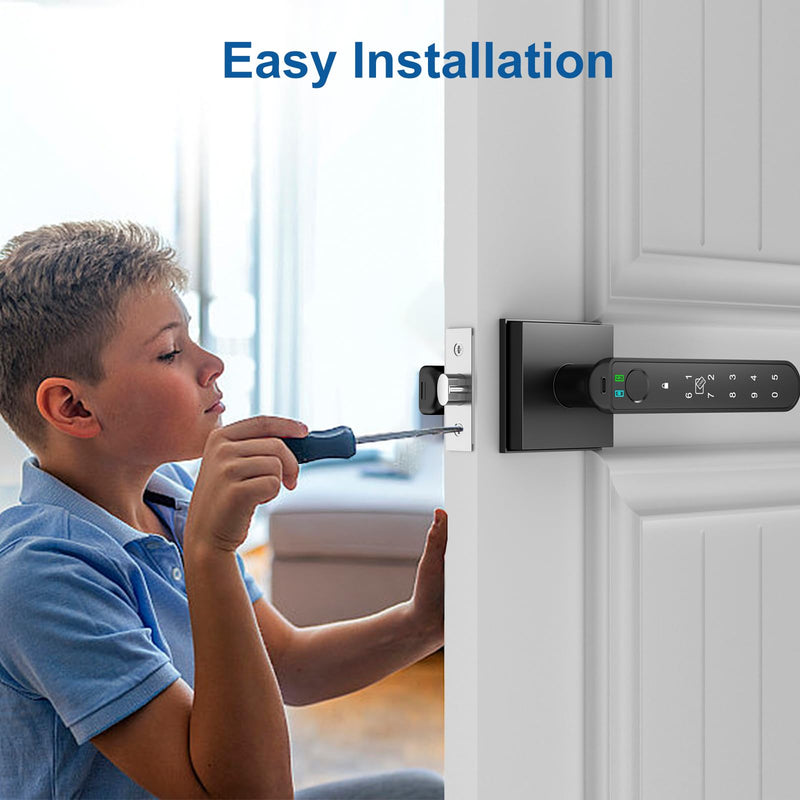 Foxgard Smart Fingerprint Door Lock:Fingerprint Door Knob-Biometric 5-in-1 Finger Print Door Lock-Thumb Print Door Knob for Bedroom-APP Control-Easy Installation–Square Black–1 Pack Modern