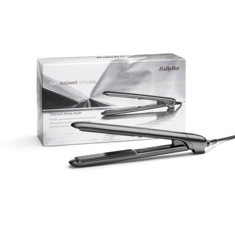 BaByliss Titanium Shine Hair Straighteners - Titanium-Ceramic Smooth-Glide Technology, 5 Heat Settings 150-230°C, Worldwide use, Metallic Grey, ST620U NEW