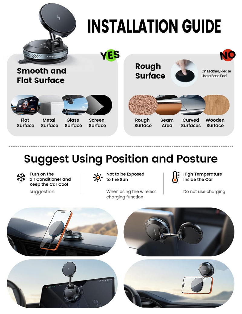 Lamicall 15W for MagSafe Car Mount Charger, 360° Wireless Car Phone Holder | Dual USB-C Ports Magnetic Phone Holder for Car, 70 LBS Vacuum Suction Phone Mount for iPhone 17 16 Pro Max Truck Jeep Black 64 mm