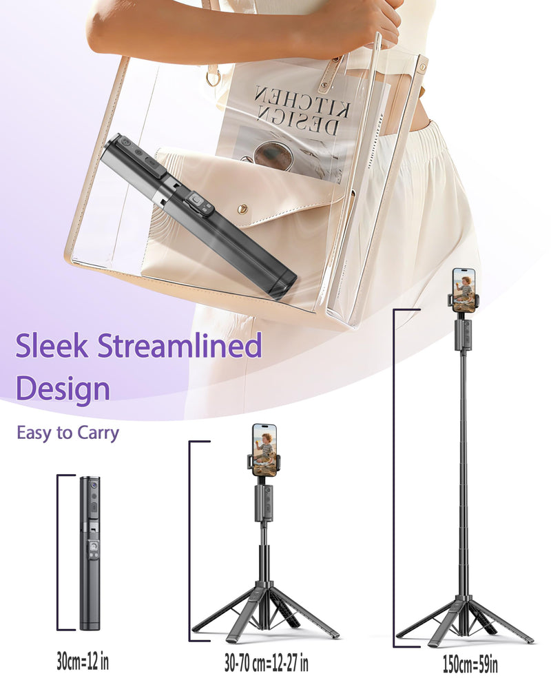 59" Extendable 360° Auto Face Tracking Phone Stand with Remote and Fill Light, No App Needed, Black Tracking Tripod for iOS and Android, Ideal for Content Creators and Video Recording Light+Black