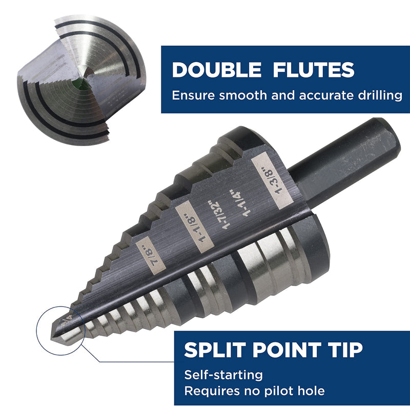 1/4 to 1-3/8 Inches M2 HSS Step Drill Bit for Metal, Plastic, Wood, Aluminum, Heavy Duty Unibit with Multi Hole Sizes 1/4" to 1-3/8"