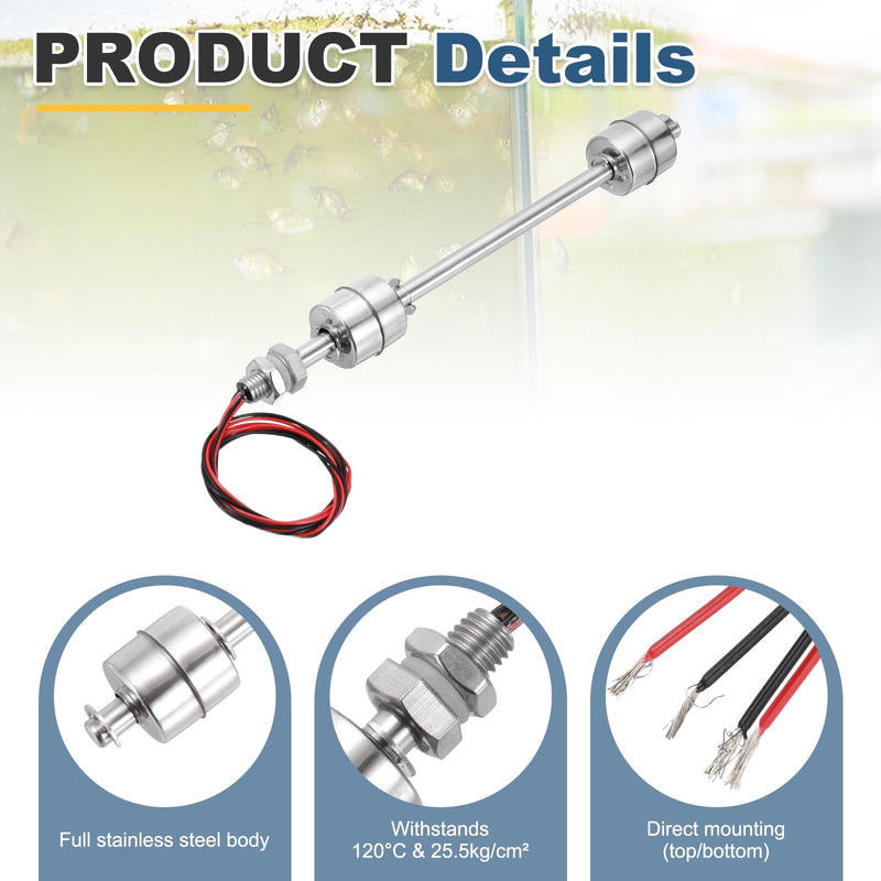 MECCANIXITY Stainless Steel Float Switch, 200mm Rod 110V DC 0.5A Vertical Water Level Sensor M10 Thread Double Tank Liquid Level Controller for Pump/Alarm 1 Pcs