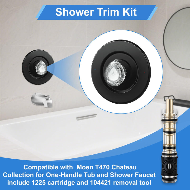 Matte Black Shower Trim Kit, Compatible with Moen T470 Chateau Shower Trim Kit for 1225 Trim Kit, With 1225 Replacement Cartridge, 104421 Removal Tool, Escutcheon, Tubes, Shower handle and Screws