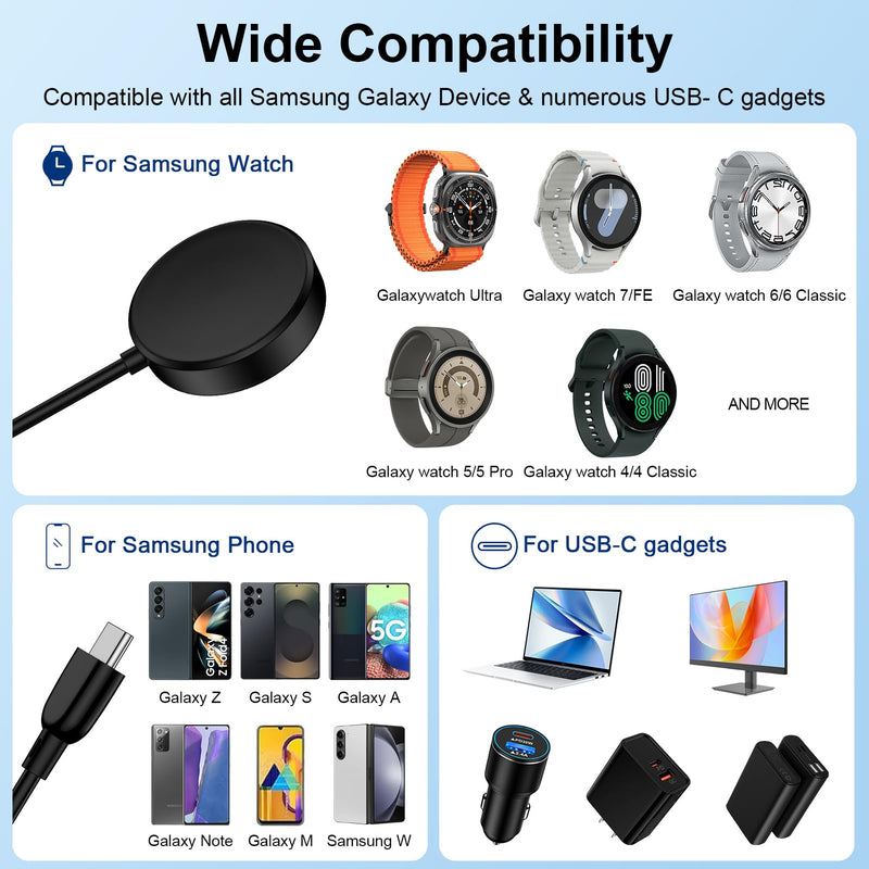 Samsung Watch Charger for Samsung Galaxy Watch 9/8/8 Classic/7/6/Ultra/FE | 5 Pro/4/3/Active 2 Fast Charging 3.5W USB C Magnetic Wireless Watch Charging Station and Phone Charger Cable 3FT Black 2 Pack