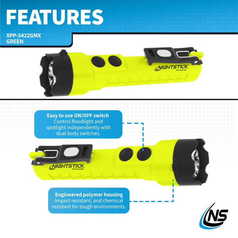Nightstick XPP-5422GMX X-Series Intrinsically Safe Dual-Light Flashlight with Dual Magnets, Green/Black Green/Black - 2 magnets