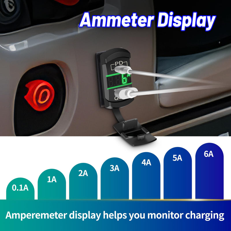 Rocker Switch USB Type C Charger with New Updated Ammeter and Voltmeter Universal Fits Rocker Switch Panel 12V 24V Dual USB Charging Port Outlet for RV Cars Marine Boats ATVs Trailers Type C USB Current-voltmeter Green