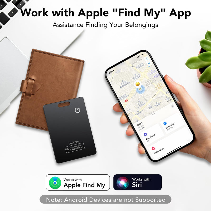 2 Pack Wallet Tracker Card [Apple MFi Certified] (iOS only), IP68 0.11in Rechargeable Smart Card Work with Apple Find My, Keys Finder and Item Locator for Passport, Bags, Laptop, Black Black2-KY8V