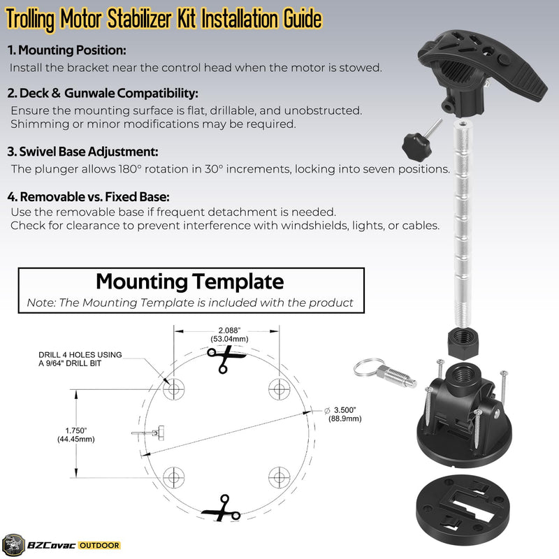 Trolling Motor Stabilizer Support Mount for Minn Kota Terrova/Ulterra/PowerDrive/Riptide, Garmin Force Kraken, MotorGuide Xi5/Xi3/Tour Pro - Shock Absorber, Reduce Bounce - Adjustable Aluminum Rod