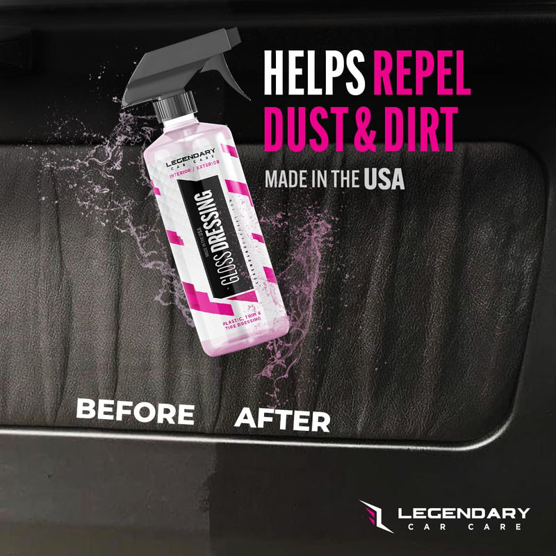 Legendary Gloss Dressing with Applicator 16oz - Tire Shine Spray & Plastic Restorer – Water Based & Non-Greasy Interior/Exterior Detailing Spray - Trim, Rubber, Vinyl & Plastic Restorer for Cars Gloss Dressing 16oz with Applicator