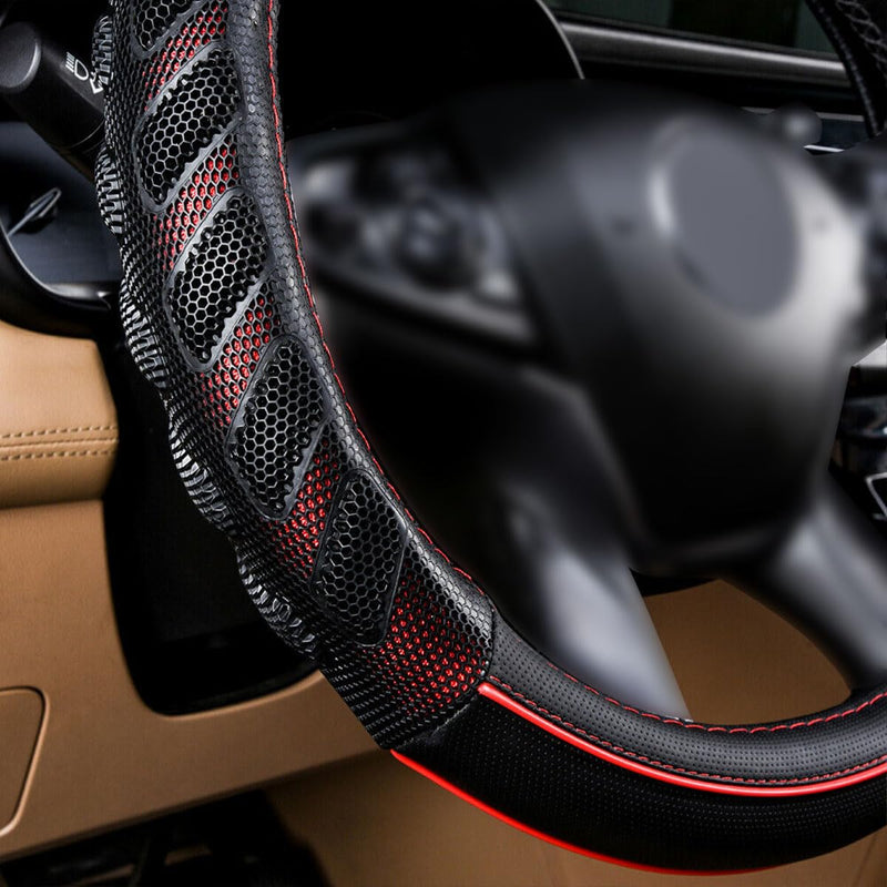 Flying Banner car Steering Wheel Cover Faux Leather Massage Universal fit 3D Honeycomb Hole Anti-Slip Sporty 15 Inches (Red Black)… Red black