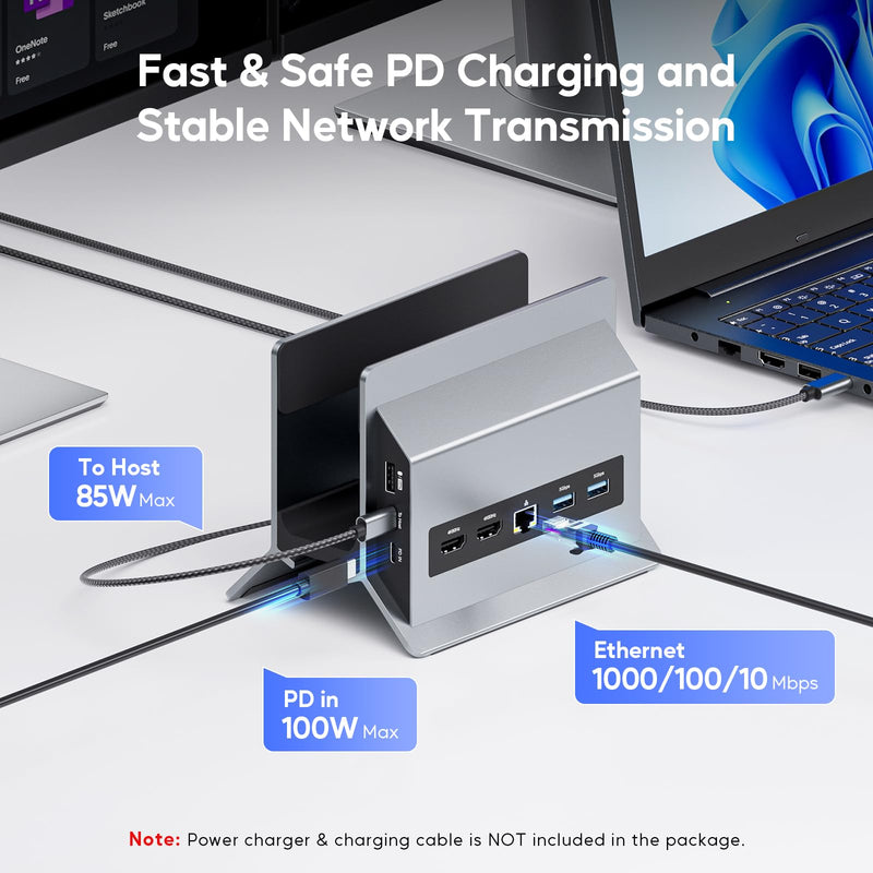 Laptop Docking Station Dual Monitor, 11 in 1 Vertical USB C Dock Stand with 2 HDMI 4K 60Hz, 3 USB A/C 10Gbps, 2 USBA 5Gbps, USB-A 2.0, Ethernet, PD 3.0 Docking Station for Type-C Laptops Grey