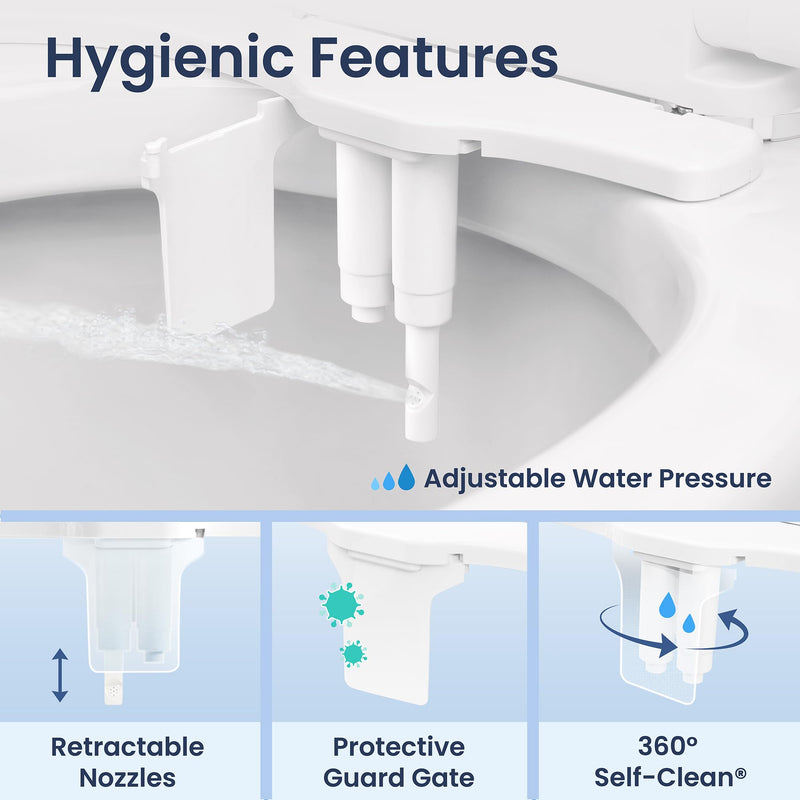 LUXE Bidet NEO 185 Plus - Dual Nozzle, Non-Electric Bidet Attachment for Toilet Seat, Patented Slide-In Install, 360° Self-Clean, EZ-Lift to Clean, Feminine & Rear Wash (White) White