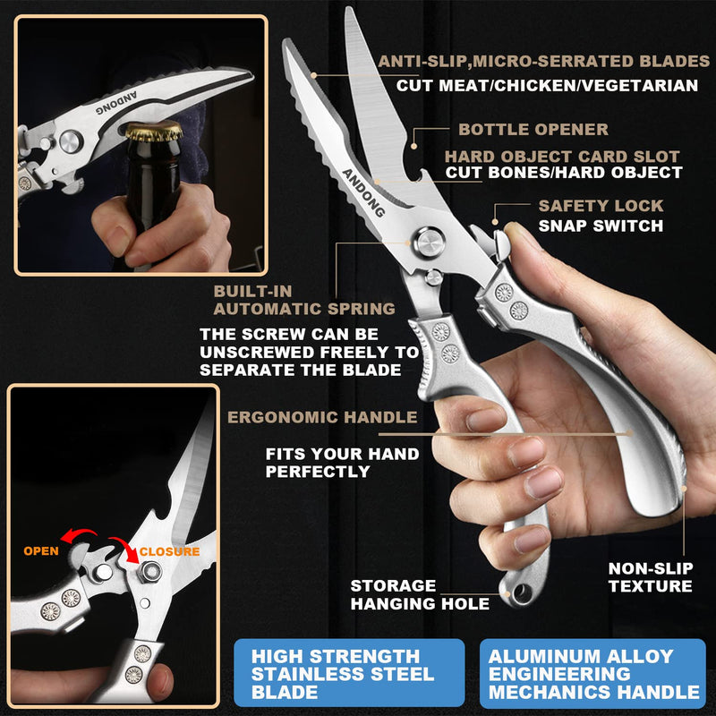 ANDONG Heavy Duty Professional Poultry Shears -Stainless Steel Kitchen & Meat Scissors with Leather Sheath, Dishwasher Safe Spring Loaded Utility Shears for Cooking, Butchering, Cutting Plus Silver