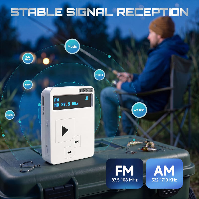 AM FM Mini Radio: Weight 27 Grams, Watch Size, Rechargeable USB, Personal Pocket Radio, OLED Screen, Clip, Button Lock, Digital Tuning, Timer, Stereo Headphones - FA298-WA white Modern