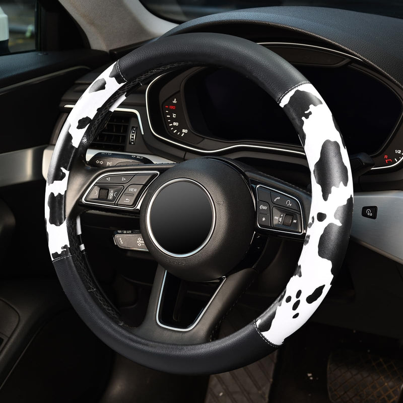 ZHOL 16 inch Steering Wheel Cover Cow Print, Breathable Microfiber Leather Compatible Large-Size for F150 F250 F350 Ram 4Runner Tacoma Tundra Range Rover Model Car Accessories for Women Men Black+White Large Size[15.5"-16"]
