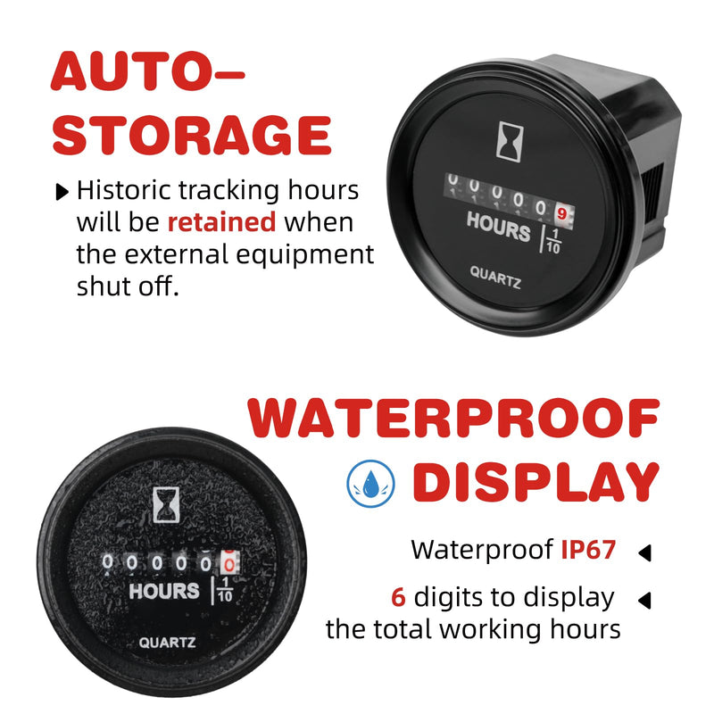 Quartz Hour Meter Round Mechanical Timer Snap in Engine Hour Gauge for Snowmobile Auto Boat Automobile Lawn Tractor Pump Wood Chipper Marine Truck Vehicle Generator (S-DC8-80V) S-DC8-80V