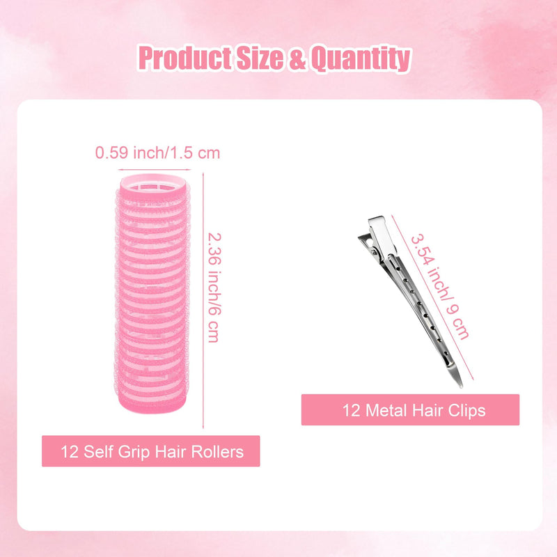 Pink Small Hair Rollers Self Grip Curlers with 12 Metal Clips Gripping Sticky Rollers for Women Long Medium Short Hair Styling DIY Hair Salon (15mm,12pcs) Pink