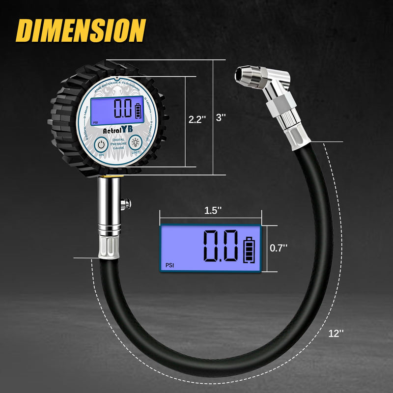 Digital Tire Pressure Gauge with 200 PSI - Heavy Duty Air Chuck, Reinforced Rubber Hose, Professional Accuracy, and LED Backlight 45° Air Chuck