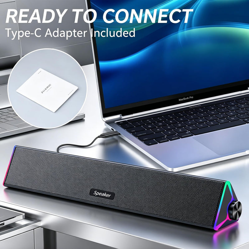 Computer Speakers for PC Desktop, Flowing LED Under-Monitor Soundbar with Clear Stereo Sound, Bluetooth & USB 2-in-1 Audio Input, PC Speaker for Monitor Laptop, Black