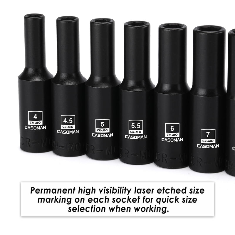 CASOMAN 14PCS 1/4"Drive Magnetic Impact Socket Set, Deep, 6-Point, Metric, 4mm to 15mm, CR-MO 1/4"Dr. Deep