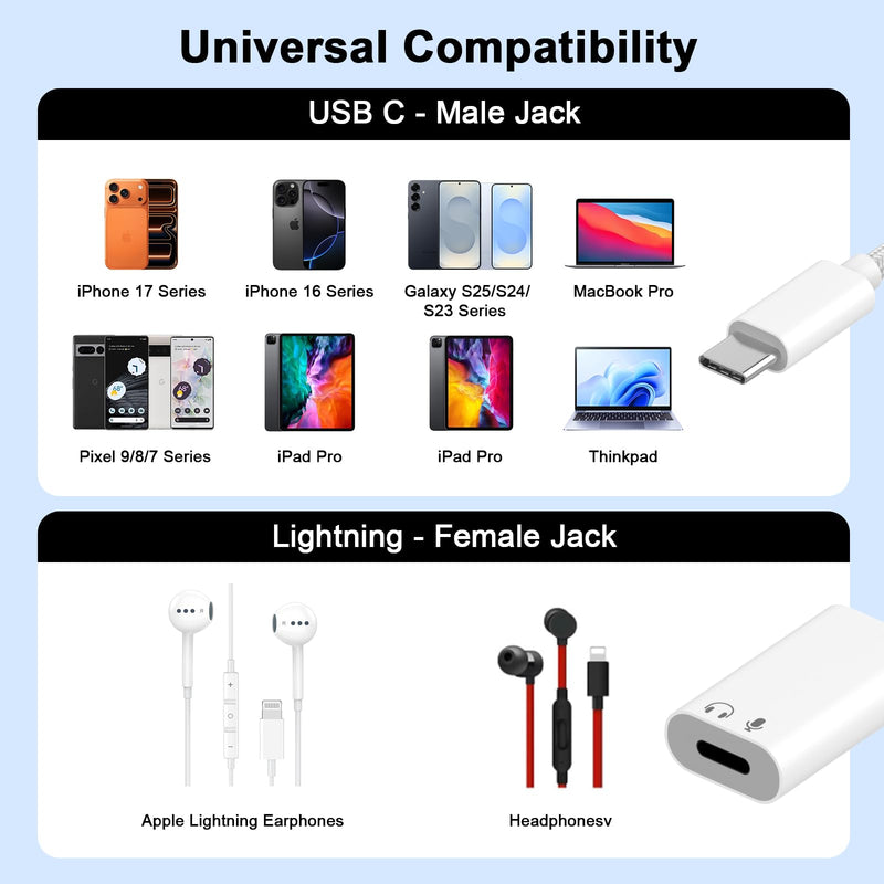 2 Pack USB C to Lightning Headphone Audio Adapter, Apple Type C Headphones | Male to Female Lightning Earphone Headphones Converter with Charge Data Transfer, for iPhone 17/16/15 Plus/Pro,iPad,MacBook White