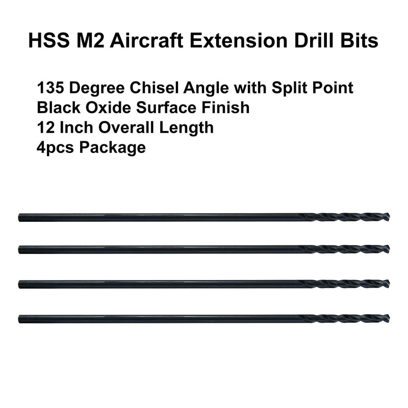 MAXTOOL 3/16"x12" 4pcs Identical Aircraft Extension Drills HSS M2 Extra Long Deep Twist Drill Bits Straight Shank Fully Ground Black; ACF02B12R12P4 4 3/16"x12"