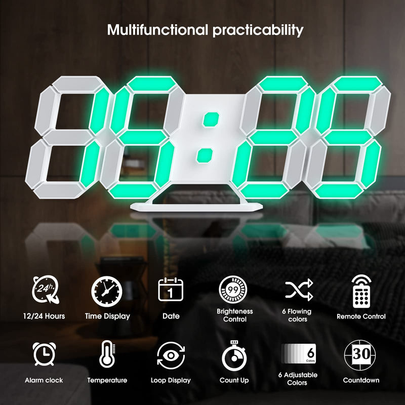 EDUP HOME 3D LED Neon Digital Desk Wall Alarm Clock RGB Night Light 7 Colors 9.7" with Remote Control for Bedroom/Living Room/Kitchen/Office, Adjustable Brightness,12/24 Hr, Time/Date/Temperature 7 Colors Lights 9.7" Led Clock + White Design