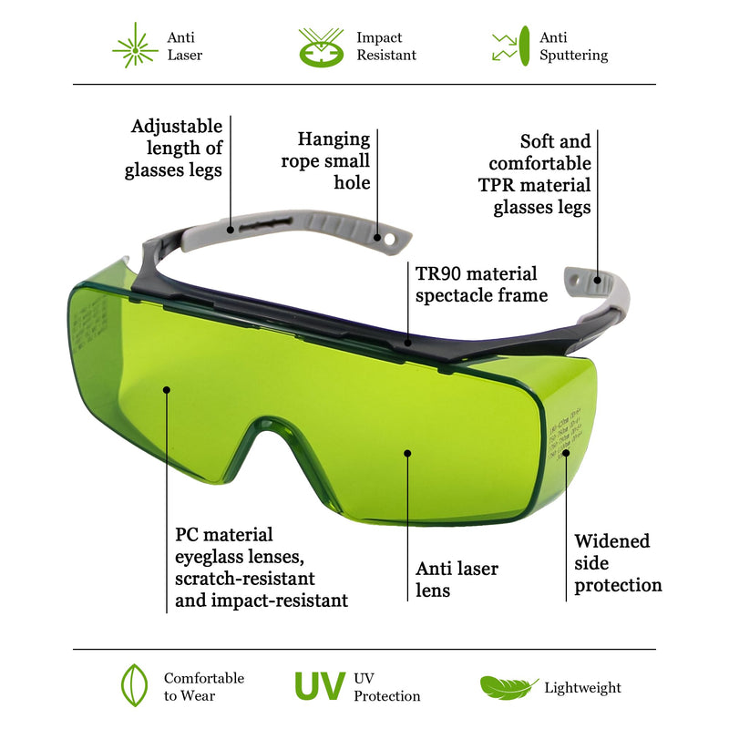 JILERWEAR Professional 190-450&740-1100nm OD6+ Laser Safety Glassess,808nm Infrared Laser Engraving Protective Goggles Green Large