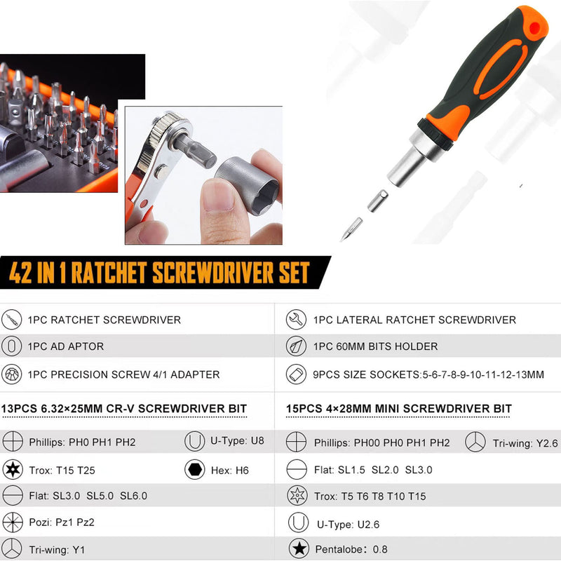 Ratcheting Screwdriver Set Screwdriver 42 in 1 Ratchet Wrench Set, With Rotatable Ratchet Handles ＆ Storage Case, Household Repair Tool Kits for Bike 42pcs Ratchet Screwdriver