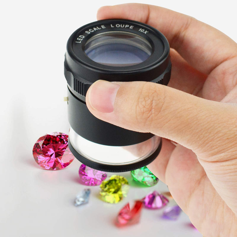 DANOPLUS 10X Loupe Magnifier, Jewelers Loupe with 8 LED Light and 4 Glass Scale Chart, 25mm Field of View, Adjustable Focal Length Magnifying Glass for Coins, Watches, Jewelry