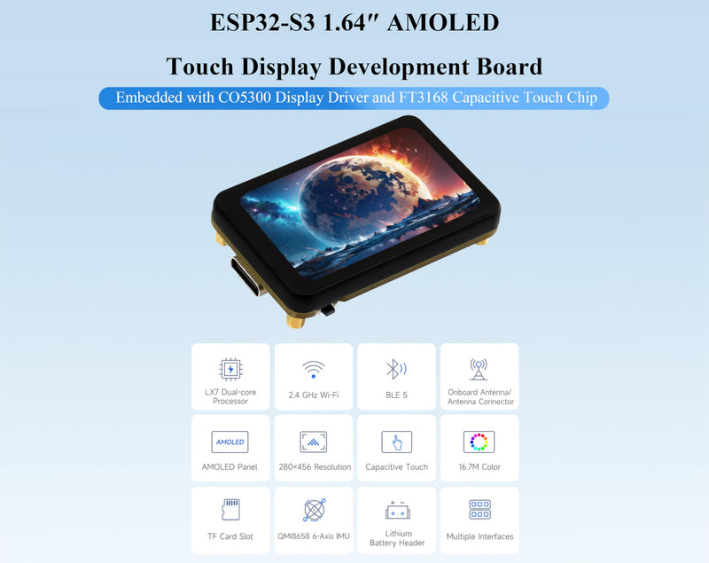 ESP32-S3 1.64inch AMOLED Touch Display Development Board, 280x456, QSPI Interface, Onboard Accelerometer and Gyroscope Sensor and Other Interfaces, ESP32 with Display