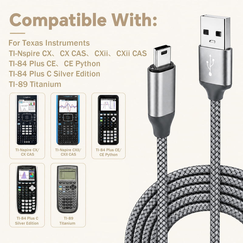 TI-84 Plus CE Charger Cable for Texas Instruments Calculator | 5ft TI-84 Plus CE Data Power Charging Cord, Compatible with TI-Nspire CX II CAS C Silver Edition TI89 Charger Cable