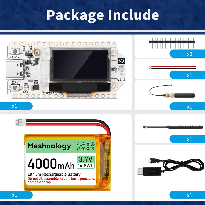 ESP32 LoRa V3 Development Board + 4000mAh Battery + USB Charger Cable Set - with 915MHz Antenna WiFi Bluetooth and SX1262 LoRa V3 Devices for Meshtastic Arduino LoRawan IOT Maker 1 Set (Board+4000mah battery+USB)