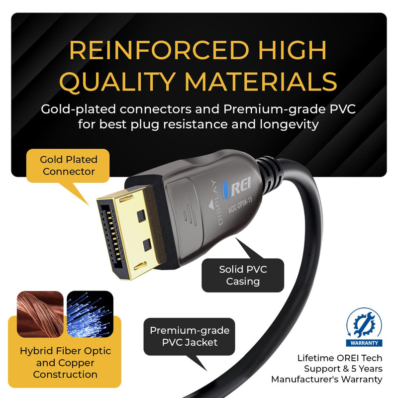 OREI 8K DisplayPort 2.0 AOC Cable 15ft – 54Gbps, 8K@120Hz, 4K@240Hz, VRR