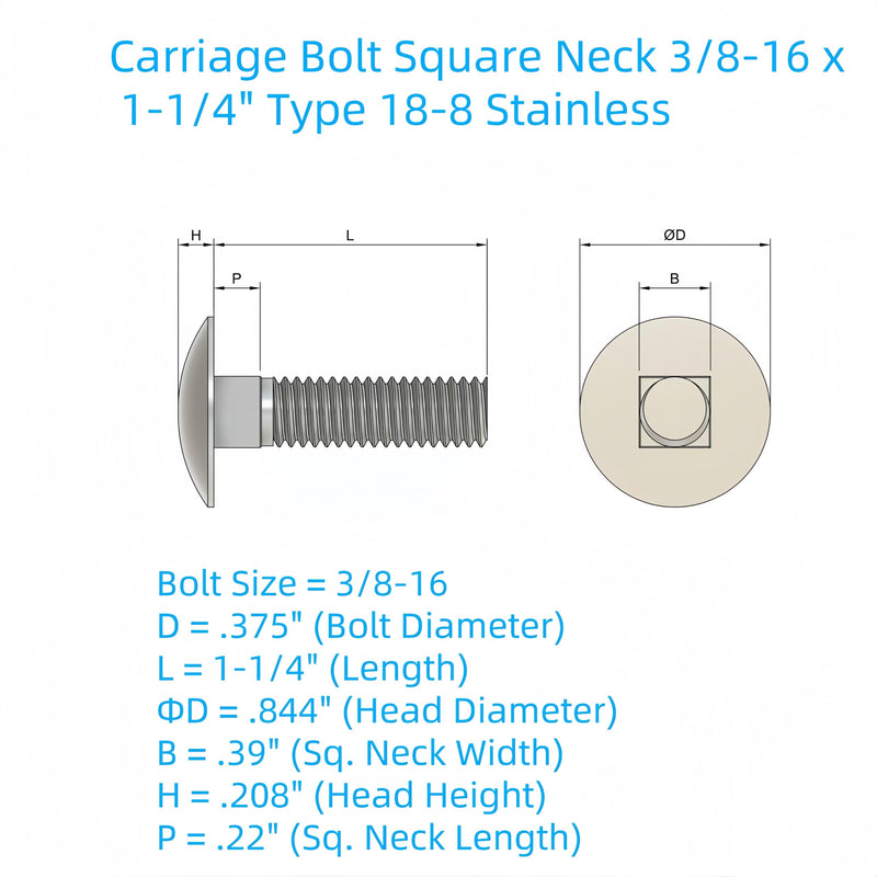 SANTIE 3/8"-16 x 1-1/4" 18-8 Stainless Steel Carriage Bolts (25 Pieces) 3/8"-16 X 1-1/4"(25pc)