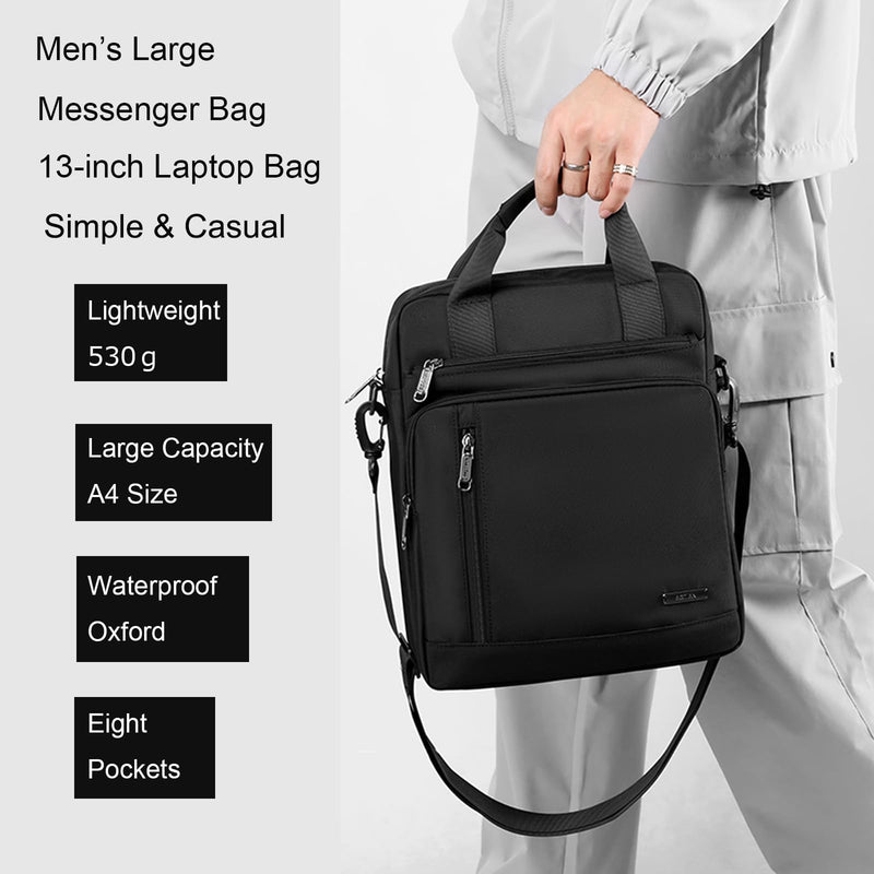 Men's 13-inch Laptop Messenger Bag Oxford Large Shoulder Bag Business Waterproof Casual Black Crossbody Bag for Work Travel Outdoor